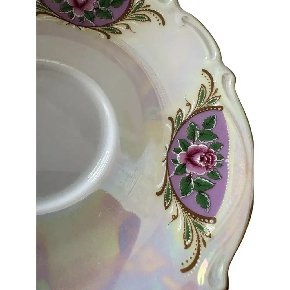 Vintage Bavaria 13 Iridescent Floral Saucer Pink Roses Gold Trim Germany